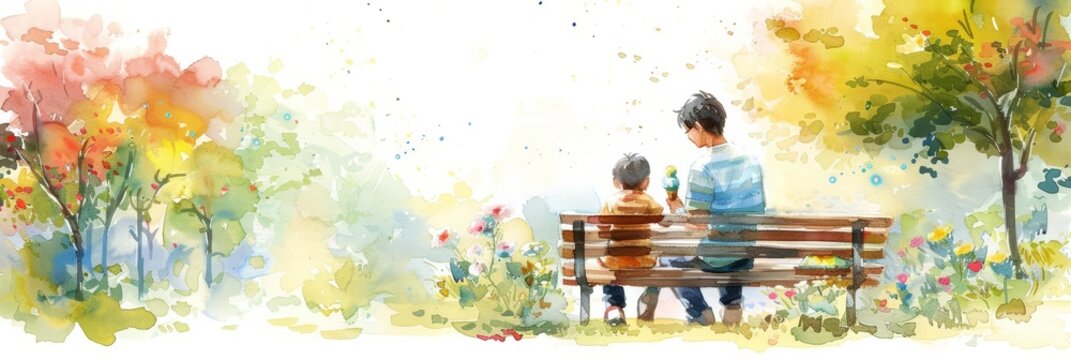 On a sunny park bench, a father and son share ice cream, their laughter painted in soft, joyful strokes, kawaii, bright water color