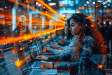 Obraz premium Multiple users are deeply engaged with laptops in a visually intense environment with striking orange illumination