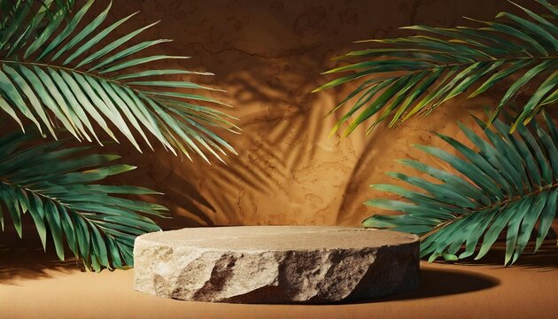 stone product display podium stand with tropical palm leaves on brown background 3d rendering