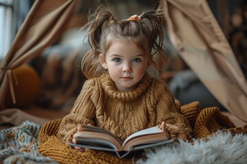 A young girl with expressive eyes is immersed in reading her book, sitting in a homely environment with rich colors and textures