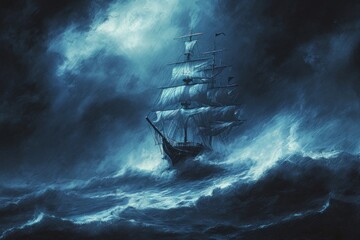 A sailing ship in an ocean sea sailboat outdoors. - obrazy, fototapety, plakaty