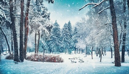 winter illustration for greeting card or invitation poster with a snowy landscape with an forest...