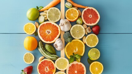 Photo of a human immune system outline packed with immune-boosting foods like citrus fruits and garlic - 795414068