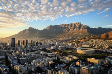 Fototapeta premium Wide angle shot of Cape Town city central business district , The skyline of Cape Town with Table Mountain, AI generated