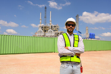 Foreman checking goods, loading boxes, containers, engineer or worker with hard hat working at shipping site and inspecting industrial cargo ship.