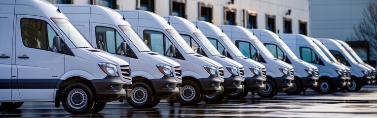 A line of white delivery trucks are parked neatly in front of a building, ready for transport and delivery operations