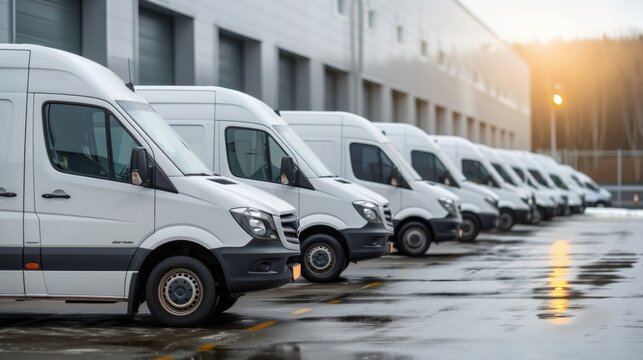 A line of white delivery company vans parked neatly in front of a commercial building