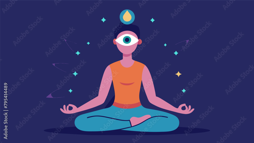Poster a person sitting in a meditation pose their third eye visibly illuminated as they use this inner vis