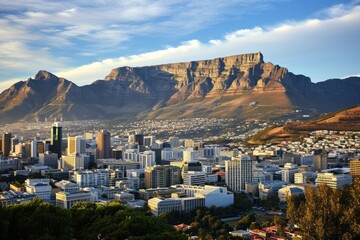 Wide angle shot of Cape Town city central business district , The skyline of Cape Town with Table Mountain, AI generated - obrazy, fototapety, plakaty