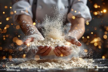 Close-up of a chef's dusted hands clapping together causing a puff of flour amidst the kitchen setting