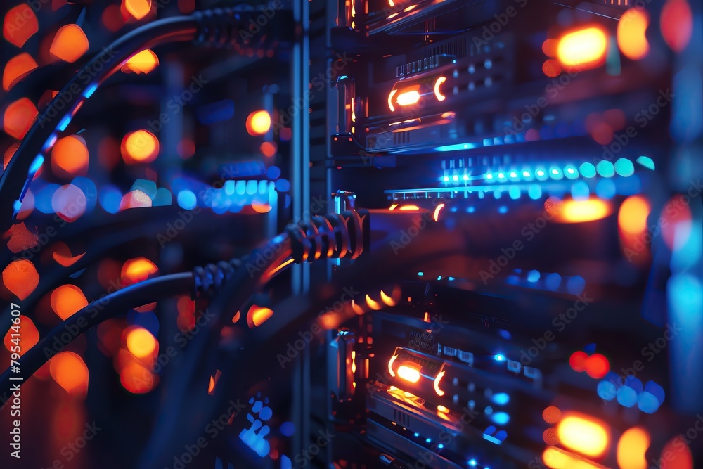 Poster imagine high-tech edge computing servers in a data center, glowing lights and intricate cables a dar