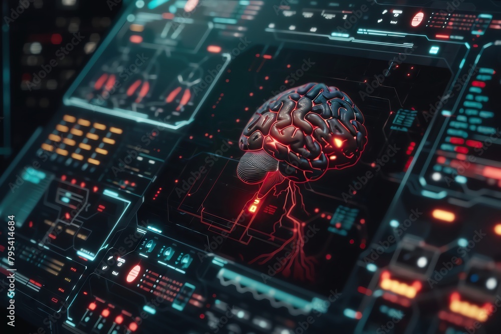 Poster closeup of a braincomputer interface in use, with neural activity visualization, set on a simple dar