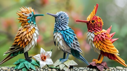 Obraz premium Three Colorful Birds Sitting on Top of Each Other