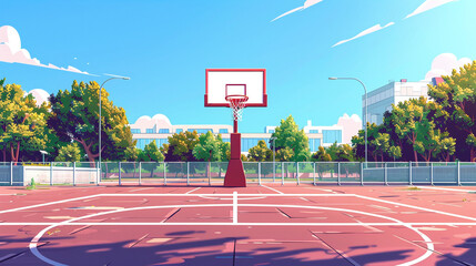 Outdoor basketball court scene in flat graphics