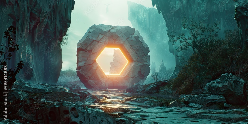 Aufkleber an otherworldly scene featuring a hexagonal portal, hinting at possibilities beyond imagination real