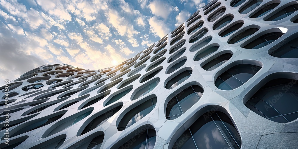 Poster an ultra-modern architectural structure inspired by intricate hexagonal motifs realistic stock photo