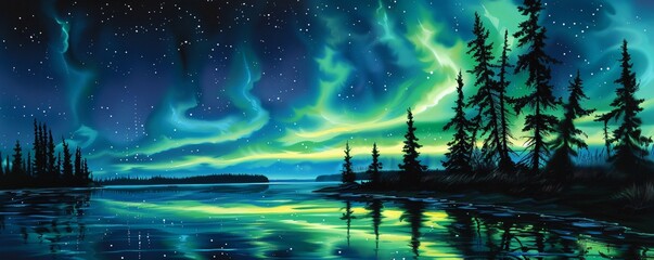Three panel wall art capturing the northern lights in a starry sky with pine trees and a reflective lake