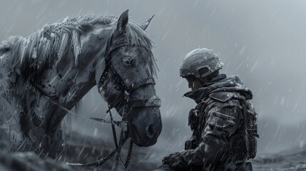 A soldier and his horse stand together in a snowy field. The soldier is wearing a helmet and a military uniform. The horse is wearing a bridle and a saddle. Both the soldier and the horse  - obrazy, fototapety, plakaty