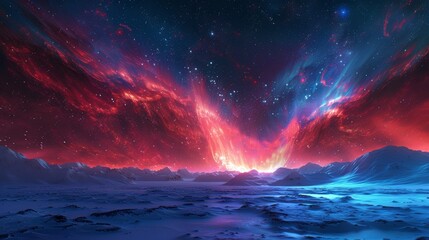 Aurora: An artistic interpretation of the aurora australis, with sweeping arcs of light in shades of red and blue