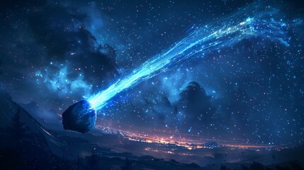 Comet and Meteor: A 3D illustration of a comet streaking across the night sky, leaving a glowing tail in its wake.