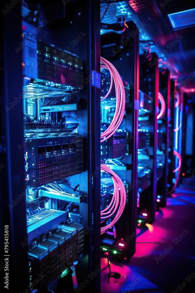 Aufkleber glowing led lights on networking equipment, signaling active data transmission in a technology hub