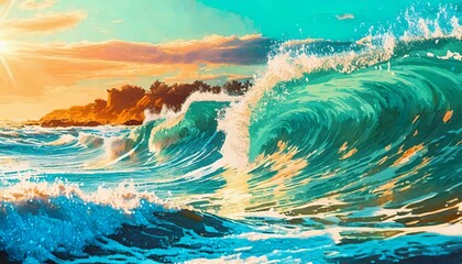 ocean waves cartoon illustration by vita - obrazy, fototapety, plakaty