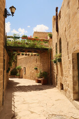 Fototapeta na wymiar Balcony, pedestrian bridge and small alleyway covered in lush plants in the old town of Mardin, Turkey