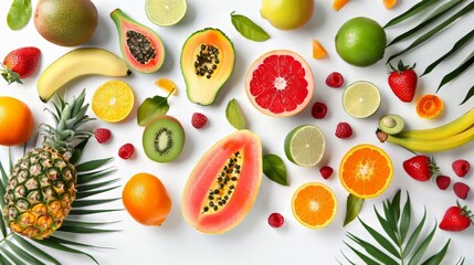 A colorful assortment of fruits and s, including bananas, oranges, kiwis, and raspberries, are arranged on a white background. Concept of abundance and freshness