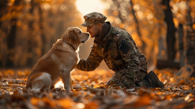 A soldier kneeling down to pet a dog in the woods.