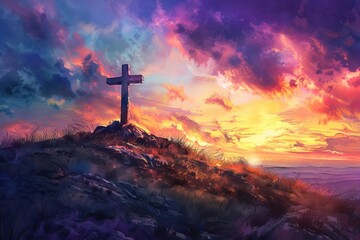A rugged landscape with a stone cross standing on a hill at sunset, the sky painted with hues of orange and purple, watercolor, cartoon