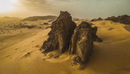 aerial view of rock formations among sand dunes at sunset in the sahara desert djanet algeria africa - obrazy, fototapety, plakaty