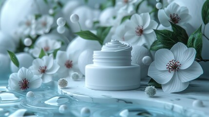 Obraz na płótnie Canvas Bottle of Cream Next to Flowers on Table