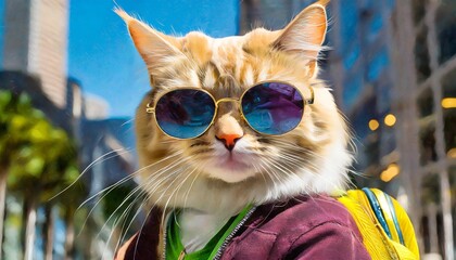 super cool cat rapper wearing cloths and sunglasses digital art illustration - obrazy, fototapety, plakaty