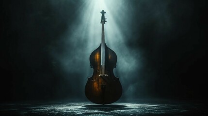 The silhouette of a black double bass with selective lighting on its strings. AI generate illustration