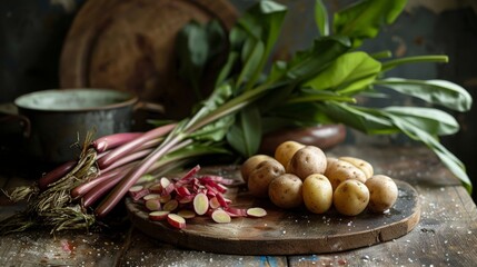Allium tricoccum, ramps, potatoes, bacon, food photography, copy and text space, 16:9