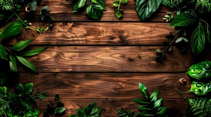 wooden and border green leaf of background