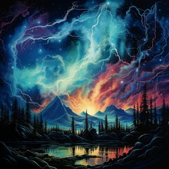 Vivid Lightning Storm Over Mountain Lake, Electrifying Nature Scenery