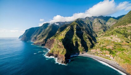 aerial view of madeira island land meets ocean in seixal madeira portugal - obrazy, fototapety, plakaty