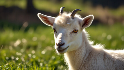 Cute goat kid on green spring grass in sunny day