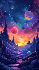 A surreal landscape with a vibrant sky full of stars, planets, and a bright moon. The ground is covered with colorful rocks and plants