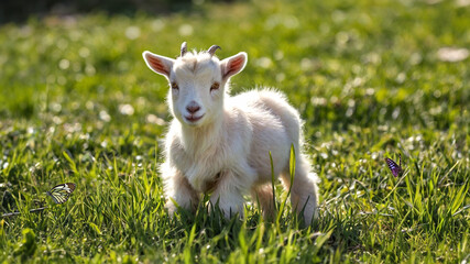 Cute goat kid on green spring grass in sunny day