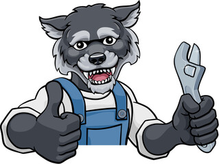 Fototapeta premium A wolf cartoon animal mascot plumber, mechanic or handyman builder construction maintenance contractor peeking around a sign holding a spanner or wrench and giving a thumbs up