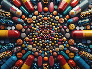 A symmetrical mandala made out of pills and capsules.