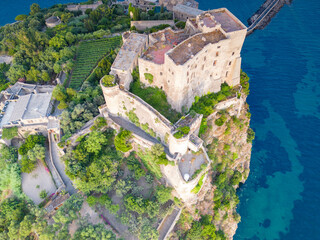 Aerial view of Ischia bridge and Aragonese castle. Ischia an island in Naples