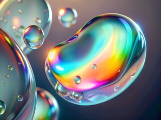 Colorful Transparent Drops in Iridescent Rainbow. Liquid Water Splash with Holographic Bubble Soap Effect.
