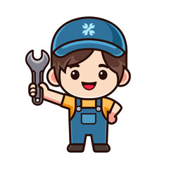 cute cartoon mechanic holding spanner