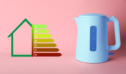 Energy efficiency rating label and electric kettle on pink background