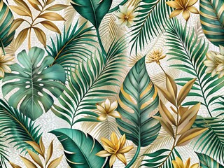 Green and Gold Palm Leaves on white background. Abstract topic for banners. Bright tropical background with jungle plants exotic pattern.