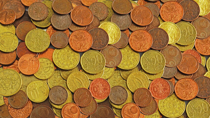 Euro coins money EUR, currency of European Union. Background of Euro cents. Lots of metal coins
