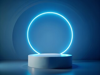 Realistic product podium with neon circle on blue background. Cloud sky background for your design.